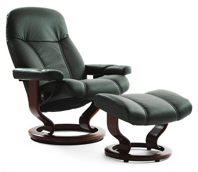 STRESSLESS CONSUL CHAIR GREEN LEATHER DARK WOOD BASE
