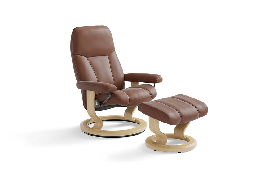 STRESSLESS CONSUL CHAIR COPPER LEATHER LIGHT WOOD BASE